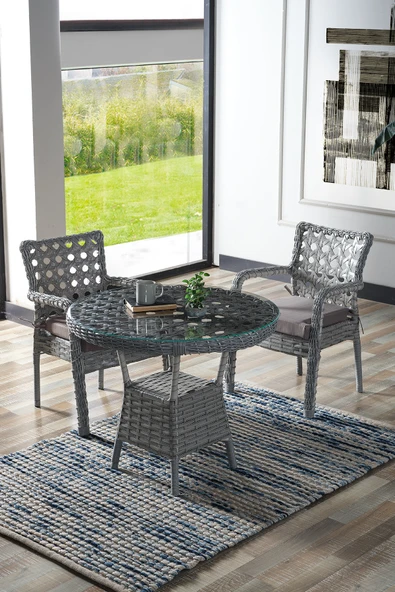 Evdemo Ayaz 2 Kişilik Rattan Bahçe Balkon Mutfak Masa Takımı Açık Gri ürün görseli 1