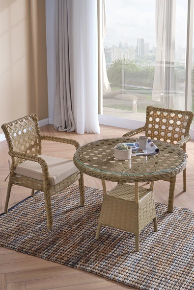 Evdemo Ayaz 2 Kişilik Rattan Bahçe Balkon Mutfak Masa Takımı Cappuccino ürün görseli 1