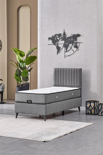 Evdemo Ezgi Tek Kişilik Baza Başlık Yatak Seti Gri 90*190 ürün görseli 1