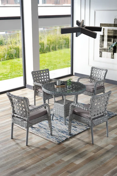 Evdemo Ayaz 4 Kişilik Rattan Bahçe Balkon Mutfak Masa Takımı Açık Gri ürün görseli 1