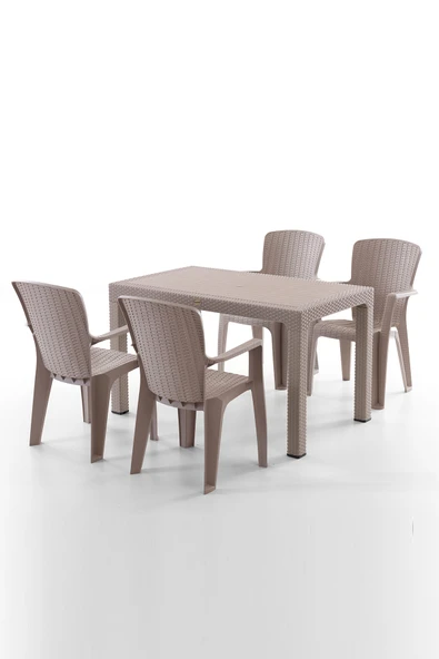 Evdemo Side 4 Kişilik Rattan Masa Sandalye Takımı Cappuccino ürün görseli 1