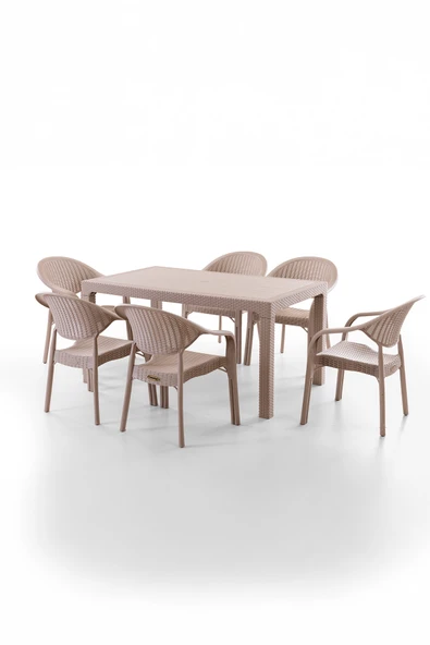 Evdemo Bamboo 6 Kişilik Rattan Masa Sandalye Takımı Cappuccino ürün görseli 1