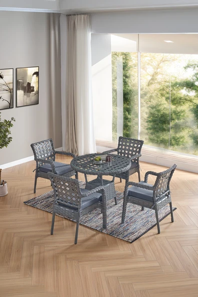 Evdemo Ayaz 4 Kişilik Rattan Bahçe Balkon Mutfak Masa Takımı Gri ürün görseli 1