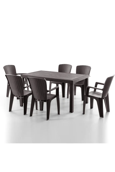 Evdemo Side 6 Kişilik Rattan Masa Sandalye Takımı Kahve ürün görseli 1