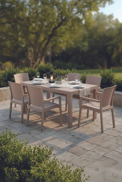 Evdemo King 6 Kişilik Rattan Masa Sandalye Takımı Cappuccino ürün görseli 1