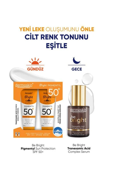 DERMOSKİN 2'li Be Bright Pigmentyl SPF 50+ Güneş Kremi | Be Bright Tranexamic Acid Complex Serum | 75+75+30 ml ürün görseli 1