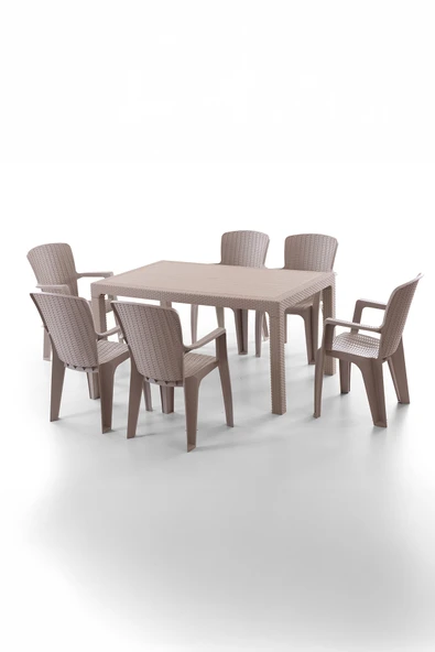 Evdemo Side 6 Kişilik Rattan Masa Sandalye Takımı Cappuccino ürün görseli 1