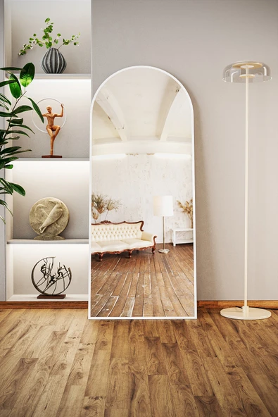 Evdemo Pamir Beyaz Metal Çerçeveli Ayaklı Oval Boy Aynası 180x70 Cm ürün görseli 1