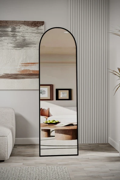 Evdemo Pamir Siyah Metal Çerçeveli Ayaklı Oval Boy Aynası 180x50 Cm ürün görseli 1