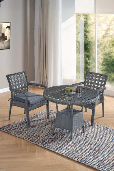 Evdemo Ayaz 2 Kişilik Rattan Bahçe Balkon Mutfak Masa Takımı Gri ürün görseli 1