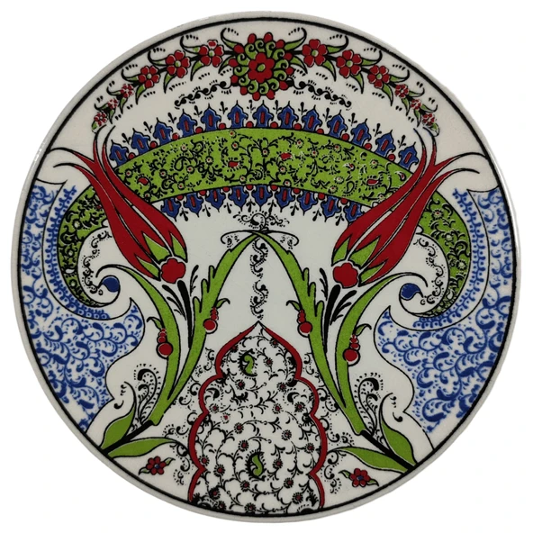 Çini Desenli Çiçekler Seramik Yuvarlak Nihale 16 Cm Koruyucu Kaydırmaz Altlik Model 4 ürün görseli 1
