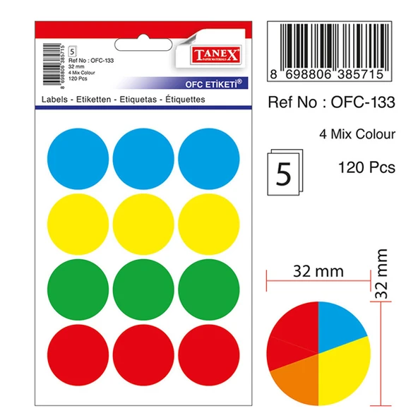 Tanex Ofis Etiketi Poşetli 32 Mm Mix Color 10'lu Ofc-133 ürün görseli 1