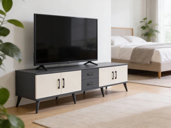 Dienni Kronos TV Ünitesi 2 Raflı 2 Çekmeceli 4 Kapaklı 220x59x51 Antrasit-Aytaşı/Antrasit ürün görseli 1