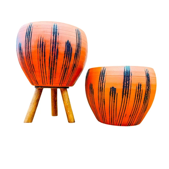 Bitki Tasarımı Siyah Çizgi Desenli Terrakota Toprak Saksı Saksılık Salon Çiçeklik İkili Set Ayaksız - 3 Ayaklı- 15 Cm ürün görseli 1