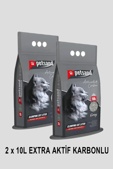 PETSAND 2x10L Ekstra Aktif Karbonlu Topaklaşan Bentonit Gri Kedi Kumu ürün görseli 1