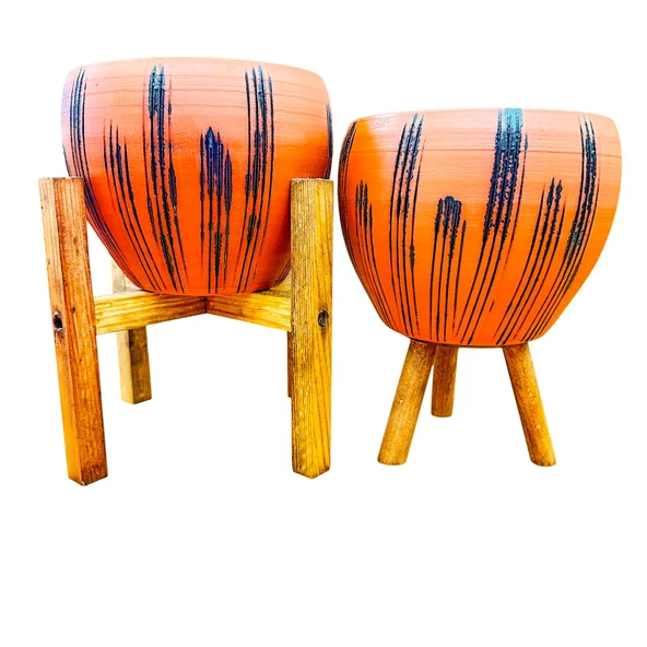 Bitki Tasarımı Siyah Çizgi Desenli Terrakota Toprak Saksı Saksılık Salon Çiçeklik İkili Set 3 Ayaklı- 4 Ayaklı- 15 Cm ürün görseli 1