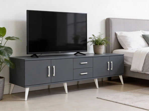 Dienni Kronos TV Ünitesi 2 Raflı 2 Çekmeceli 4 Kapaklı 220x59x51 Antrasit-Antrasit ürün görseli 1
