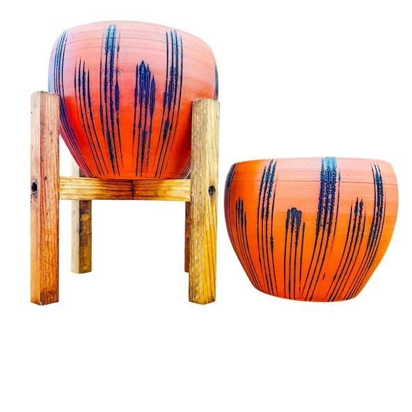 Bitki Tasarımı Siyah Çizgi Desenli Terrakota Toprak Saksı Saksılık Salon Çiçeklik İkili Set Ayaksız - 4 Ayaklı- 15 Cm ürün görseli 1