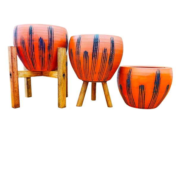 Bitki Tasarımı siyah Çizgi Desenli Terrakota Toprak Saksı Saksılık Salon Çiçeklik Üçlü Set - 15 Cm ürün görseli 1