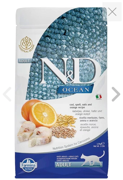 N&D Ocean Düşük Tahıllı Morina Balıklı ve Portakallı 1.5 kg Yetişkin Kedi Maması ürün görseli 1
