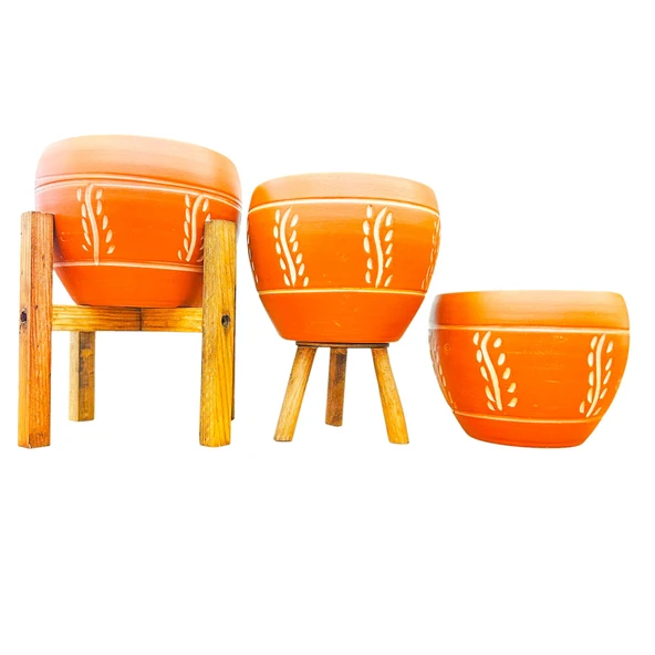 Bitki Tasarımı Nakış Desenli Terrakota Toprak Saksı Saksılık Salon Çiçeklik Üçlü Set - 15 Cm ürün görseli 1