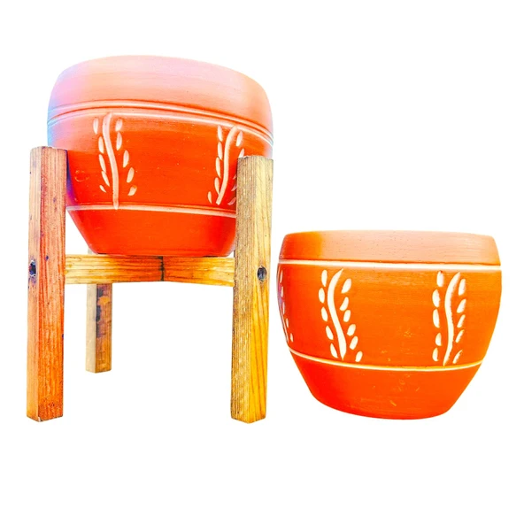 Bitki Tasarımı Nakış Desenli Terrakota Toprak Saksı Saksılık Salon Çiçeklik İkili Set Ayaksız - 4 Ayaklı- 15 Cm ürün görseli 1