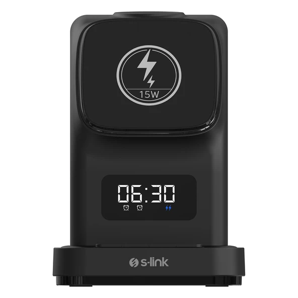 S-Link Sw-Cwf130 Siyah Telefon Kulaklık Akıllı Saat 15W 3 İn 1 Magsafe Led Logo Kablosuz Şarj Cihazı ürün görseli 1