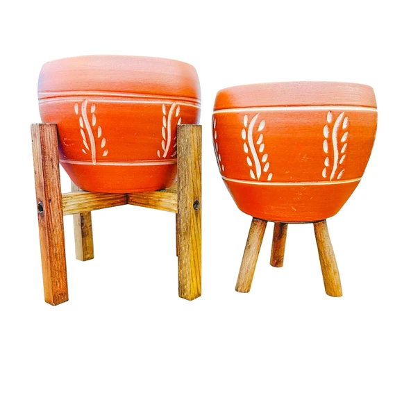 Bitki Tasarımı Nakış Desenli Terrakota Toprak Saksı Saksılık Salon Çiçeklik İkili Set 3 Ayaklı- 4 Ayaklı- 15 Cm ürün görseli 1