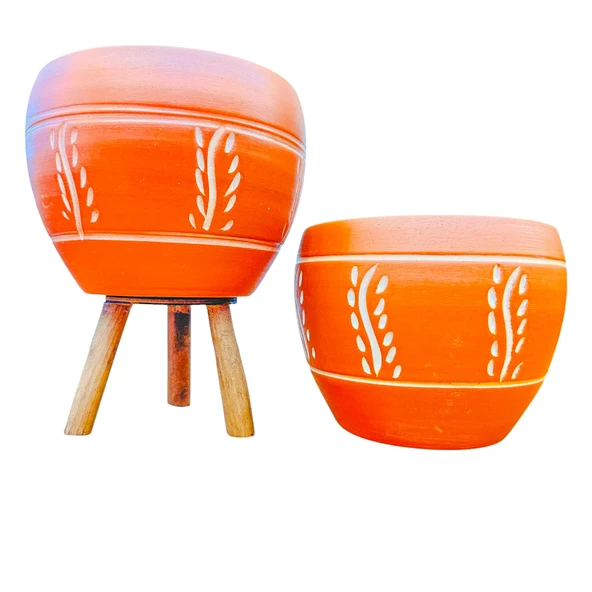 Bitki Tasarımı Nakış Desenli Terrakota Toprak Saksı Saksılık Salon Çiçeklik İkili Set Ayaksız - 3 Ayaklı- 15 Cm ürün görseli 1