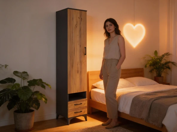 Dienni Hyperion Dolap 6 Raflı 2 Çekmeceli Tek Kapaklı 44x44x243 Antrasit-Çam ürün görseli 1