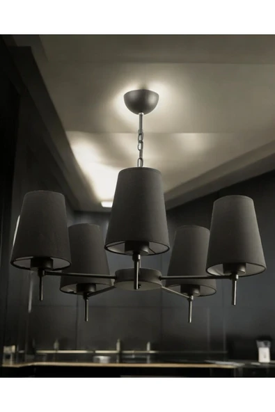 avizade (KAMPANYAYA ÖZEL FİYAT) NEXA 5'li Siyah Modern Konik Abajur Şapkalı Metal Avize ürün görseli 1