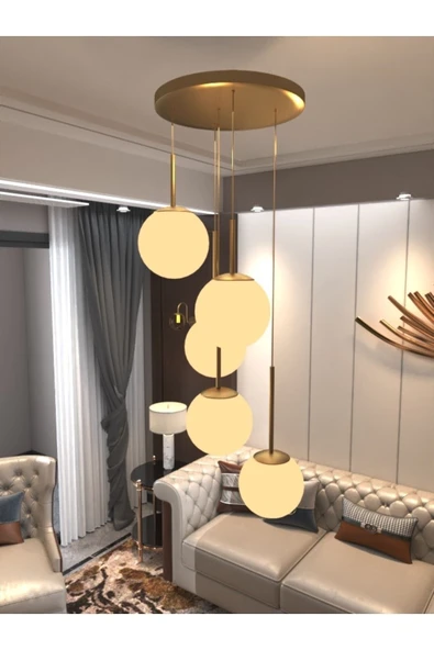 avizade Vega Sarkıt Top Avize Beyaz 5’li Glop Camlı, Eskitme Dayanıklı Kasa Modern Şık Tasarım Avize ürün görseli 1