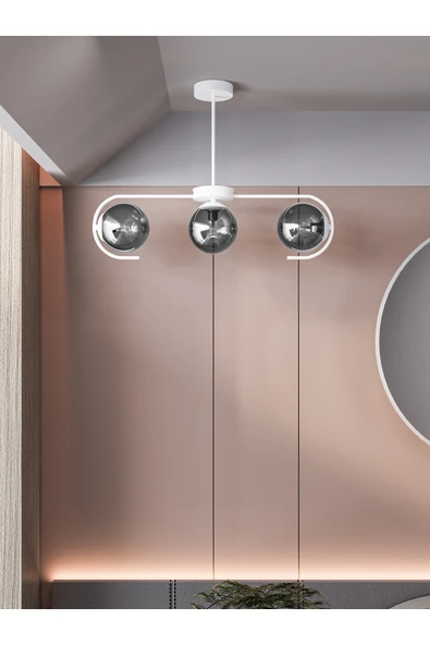 avizade Ayza Modern Beyaz Metal Gövdeli 3’lü Füme Cam Küre Avize | Aydınlatma Avize Modeli ürün görseli 1