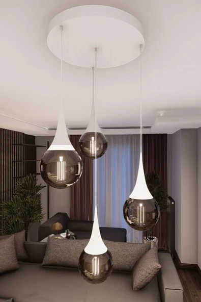 avizade LİORA Modern Beyaz Metal Avize - Füme Cam, 4'lü Sarkıt, E27 Duy, Dekoratif Aydınlatma ürün görseli 1