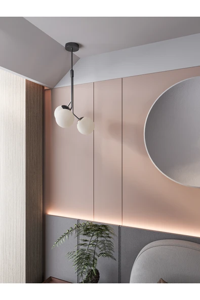 avizade LUNO Modern Siyah Kasa Beyaz Cam Küre 3'lü Sarkıt Avize | 60 cm | Minimal Tavan Aydınlatması ürün görseli 1