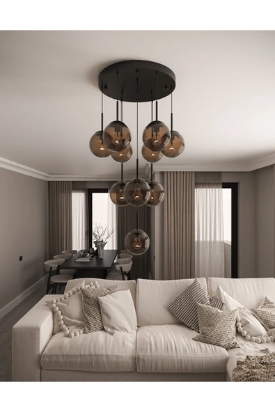 avizade ECLIPSE Modern 10'lu Sarkıt Siyah Metal Avize - Bal Renkli Cam Küre, E27 Duy, Dekoratif Aydınlatma ürün görseli 1
