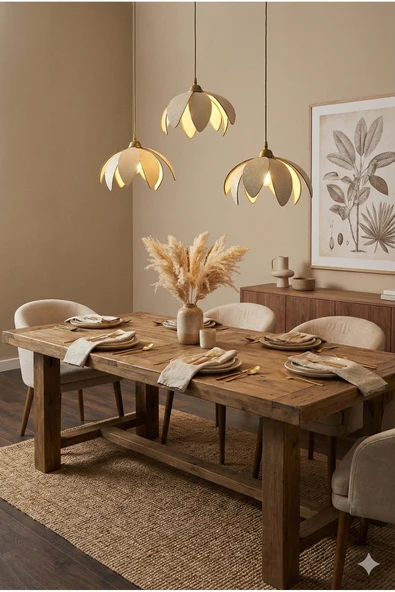 avizade Lotus Çiçeği Tasarımlı 3'lü Sarkıt Modern Avize - Eskitme Çerçeveli Kumaş Kaplama - E27 Duy Uyumlu ürün görseli 1