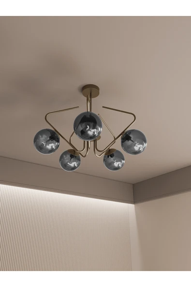 avizade Lunor Eskitme Metal Füme Cam Küre Başlıklı Modern 5'li Avize – Salon Ve Oturma Odası Için ürün görseli 1