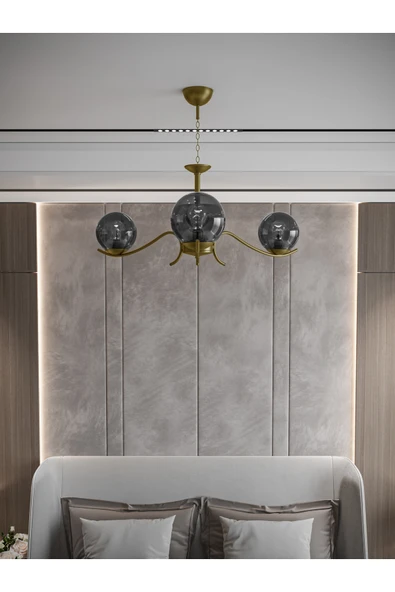 avizade Merla 3'lü Eskitme Füme Camlı Avize | Modern Salon Sarkıt Aydınlatma | Retro Işık Tasarımı ürün görseli 1