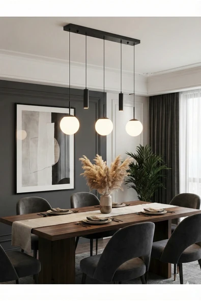 avizade NARA Siyah Metal Gövdeli 5'li Modern Sıralı Sarkıt Avize- 2 Spot Led 3 Beyaz Cam Küre Avize ürün görseli 1