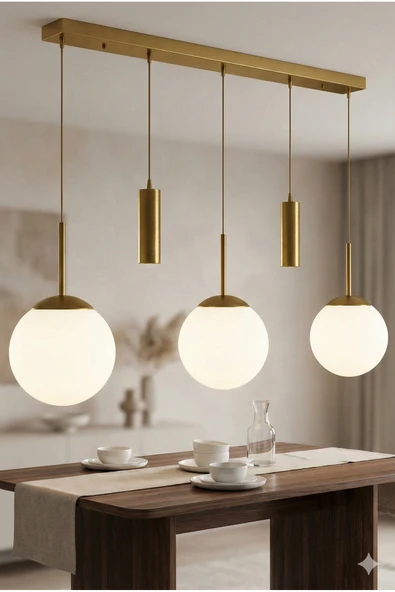 avizade NARA Eskitme Metal Gövdeli 5'li Modern Sıralı Sarkıt Avize- 2 Spot Led 3 Beyaz Cam Küre Avize ürün görseli 1