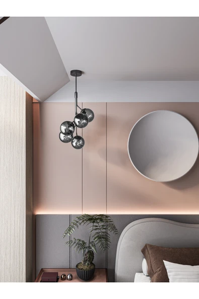 avizade LUNO Modern Siyah Metal Gövdeli 5'li Füme Cam Küre Avize | Aydınlatma Avize Modeli ürün görseli 1