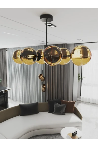 avizade Vella 6'lü Glop Bal Rengi Cam Detaylı Modern Lüks Avize ürün görseli 1
