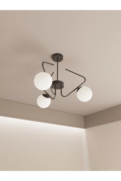 avizade Lunor Siyah Metal Beyaz Cam Küre Başlıklı Modern 3'lü Avize – Salon Ve Oturma Odası Için ürün görseli 1