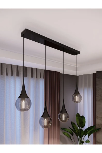 avizade Opya Füme Camlı 4’lü Siyah Sıralı Sarkıt Avize – Modern Stil, E27 Duy Ile Uyumlu ürün görseli 1