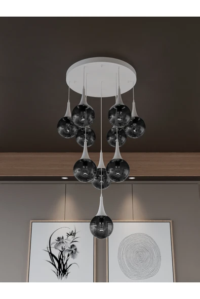 avizade GALAXY Modern 10'lu Sarkıt Beyaz Metal Avize - Füme Renk Cam, E27 Duy, Dekoratif Aydınlatma ürün görseli 1