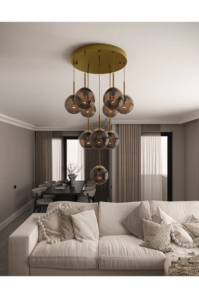 avizade ECLIPSE Modern 10'lu Sarkıt Eskitme Metal Avize - Bal Renkli Cam Küre, E27 Duy, Dekoratif Aydınlatma ürün görseli 1