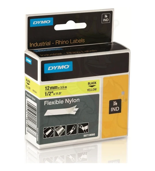 Rhinopro Esnek Naylon Etiket 12Mmx3,5M Sarı-Siyah ürün görseli 1