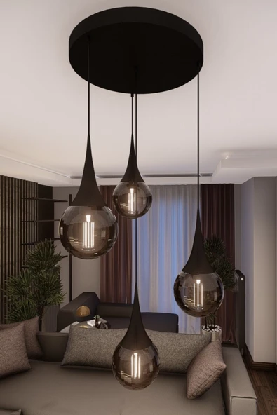avizade Liora Modern Siyah Metal Avize - Füme Cam, 4'lü Sarkıt, E27 Duy, Dekoratif Aydınlatma ürün görseli 1