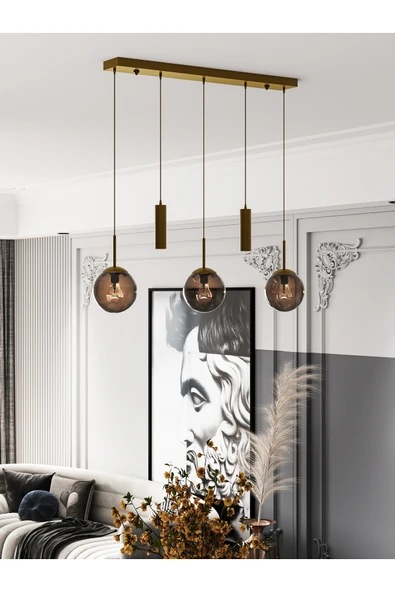 avizade NARA Eskitme Metal Gövdeli 5'li Modern Sıralı Sarkıt Avize- 2 Spot Led 3 Bal Cam Küre Avize ürün görseli 1